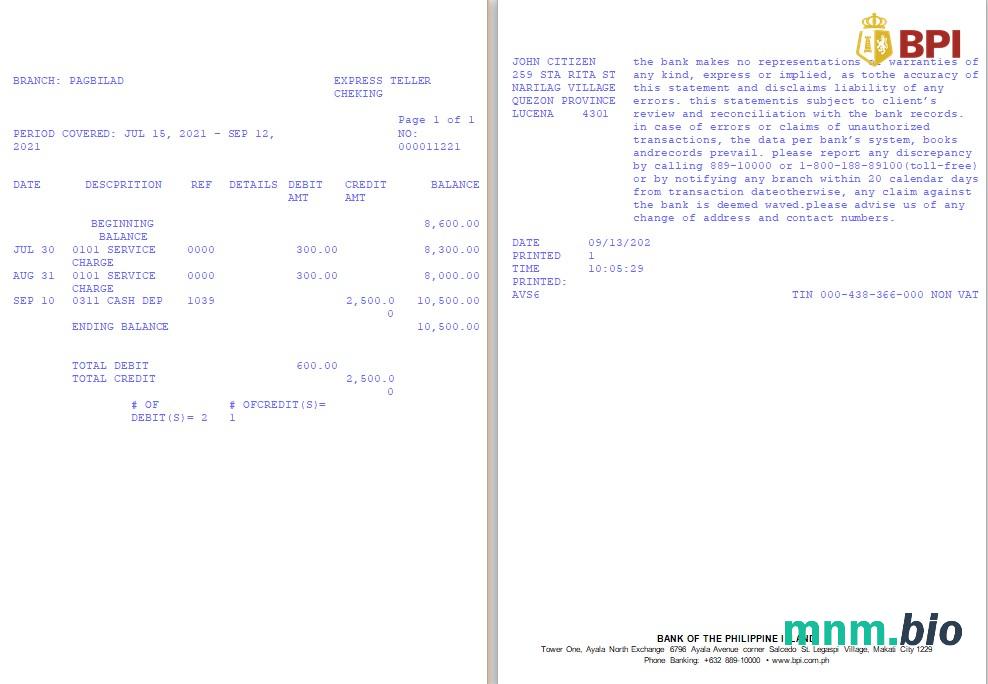 Filipiński Bank Wysp Filipińskich (BPI) szablon wyciągu bankowego w formacie Excel i PDF, Wersja 2